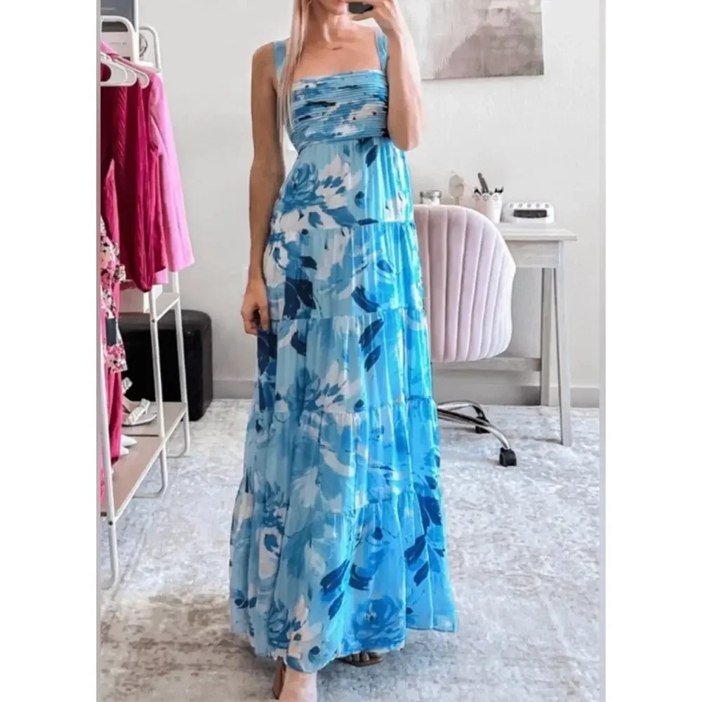 Abercrombie & Fitch Blue Print Ruched Tiered Babydoll Maxi Dress Size S NWT